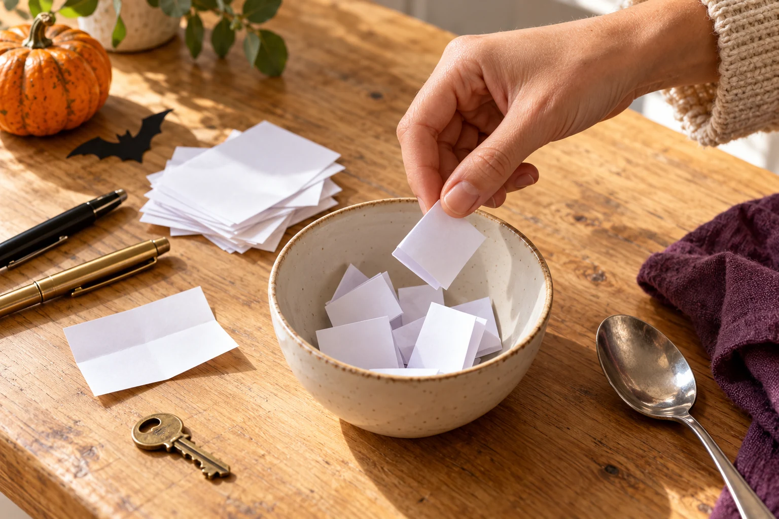 An adult hand placing a folded paper slip into a ceramic bowl, with pens, a key, a spoon, and a small pumpkin nearby.