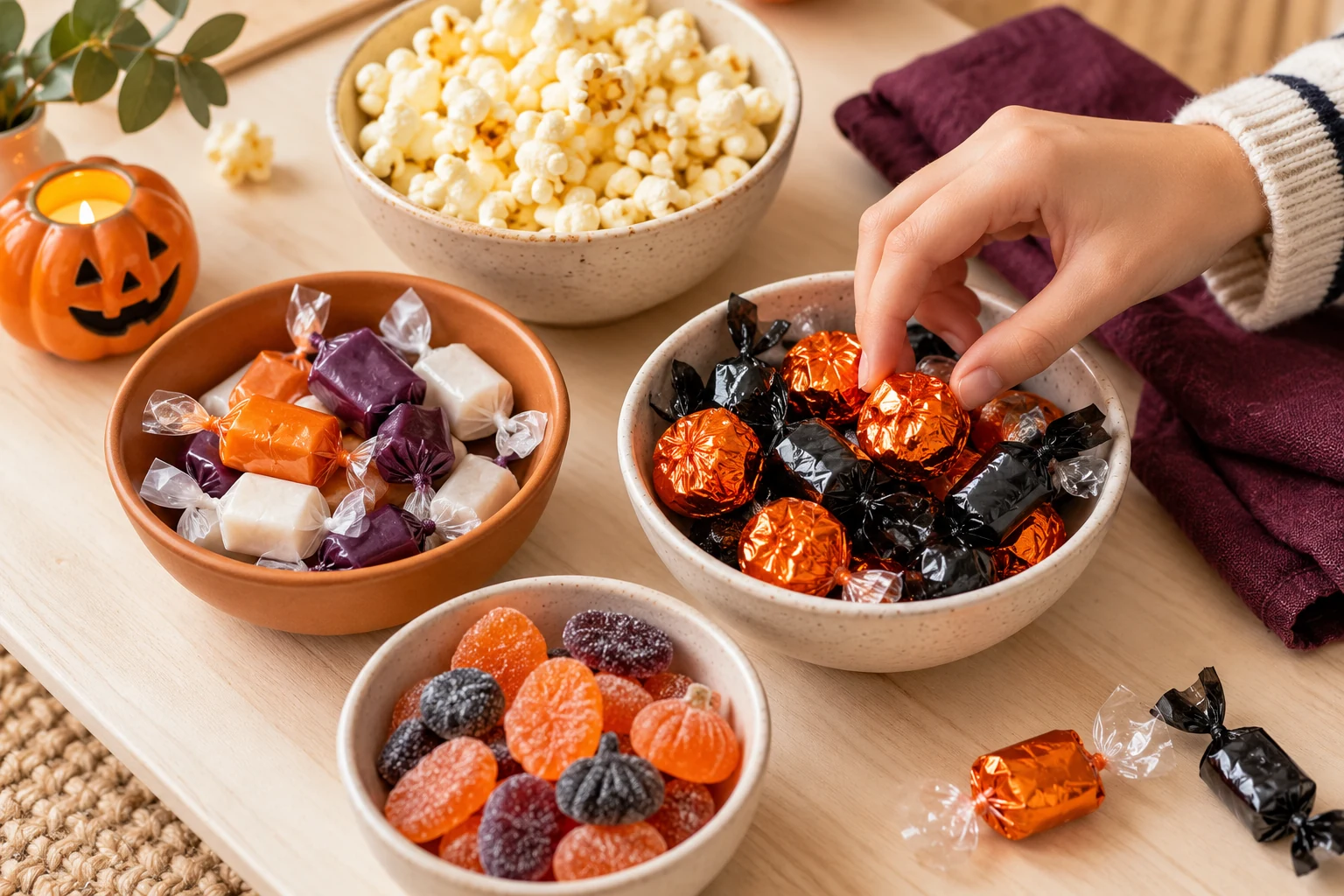 A hand choosing a wrapped chocolate beside bowls of candy and popcorn, a plum napkin and a small pumpkin candle.
