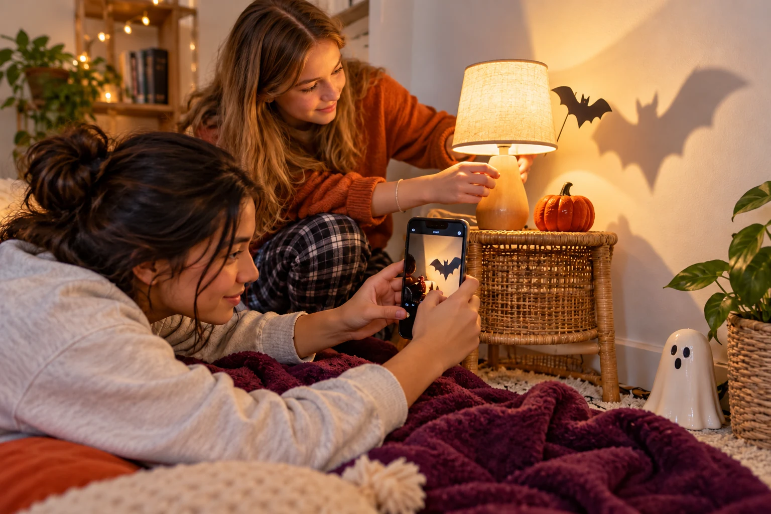 Two teens adjusting a table lamp and smartphone to photograph a bat shadow during a Halloween sleepover.