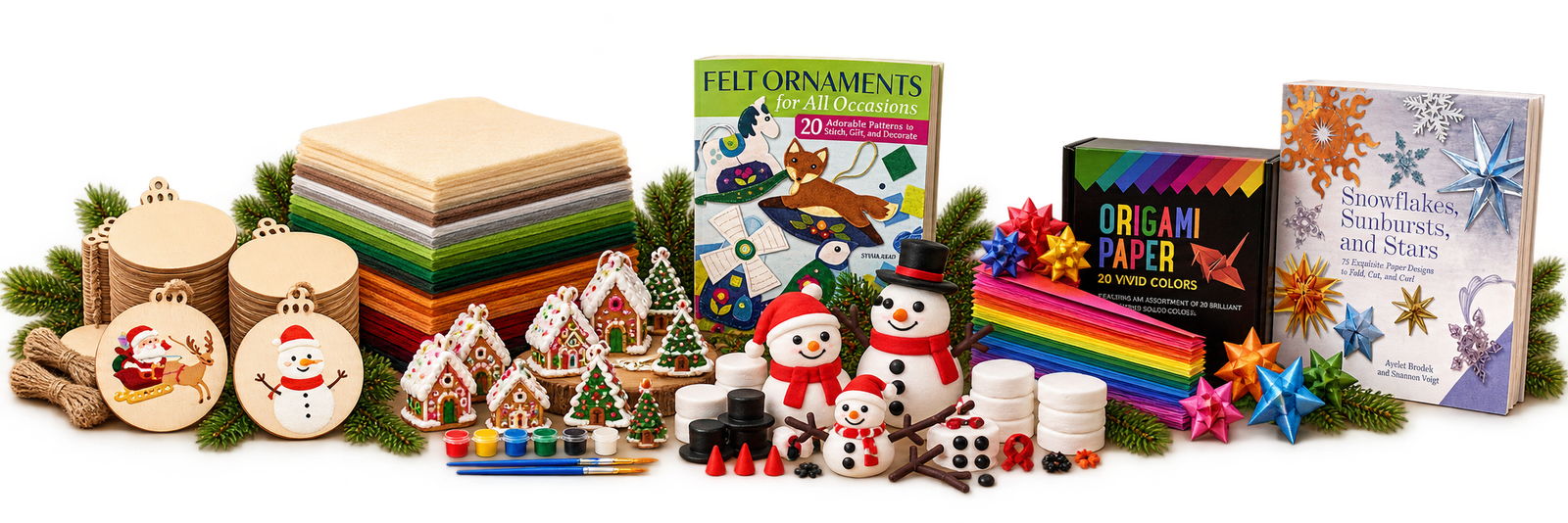 Christmas craft inspiration featuring wooden ornament blanks, felt sheets, gingerbread and snowman kits, colorful paper, and craft books.