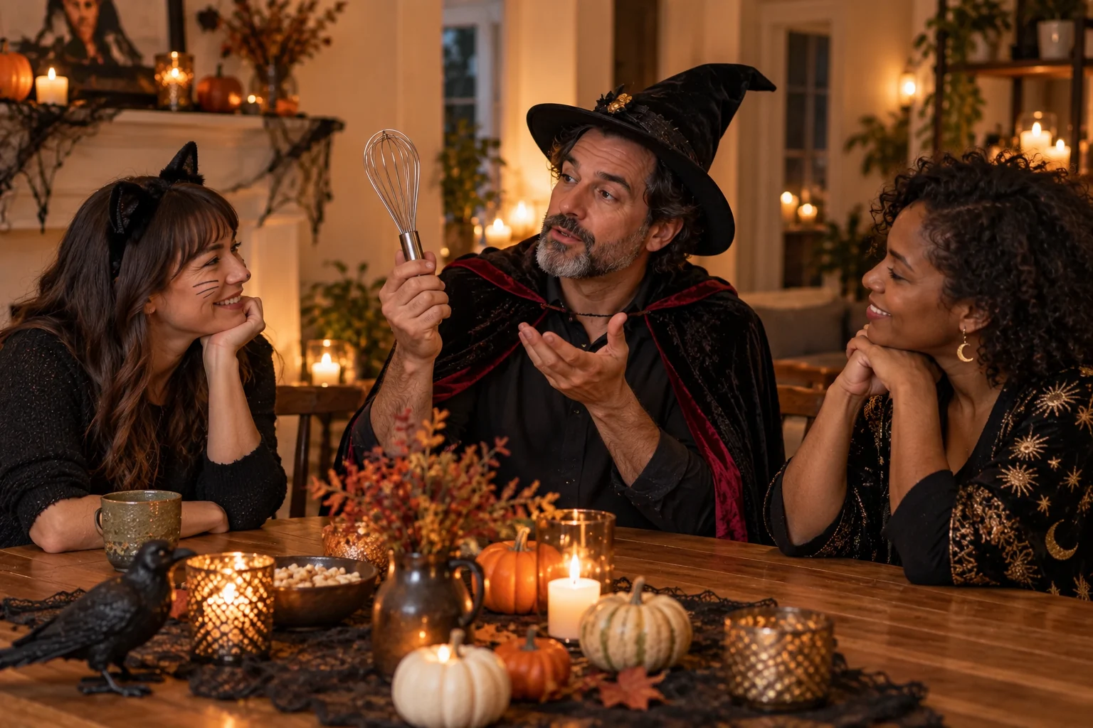 An adult holding a kitchen whisk while friends listen during a Halloween party game.