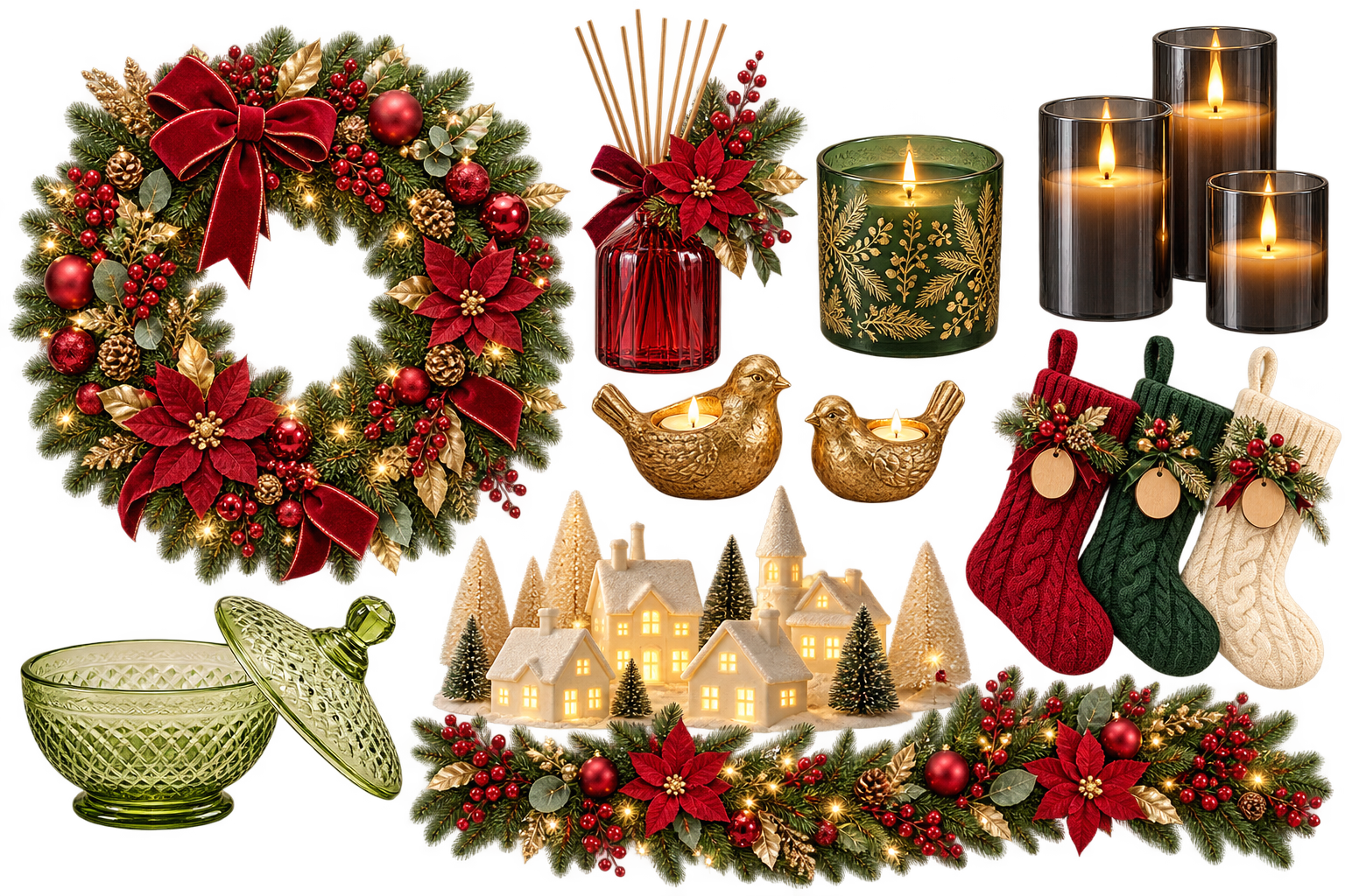 AI-generated Heritage Christmas styling with a red and gold wreath, reed diffuser, candles, knitted stockings, green glass candy dish, illuminated village, and evergreen garland.