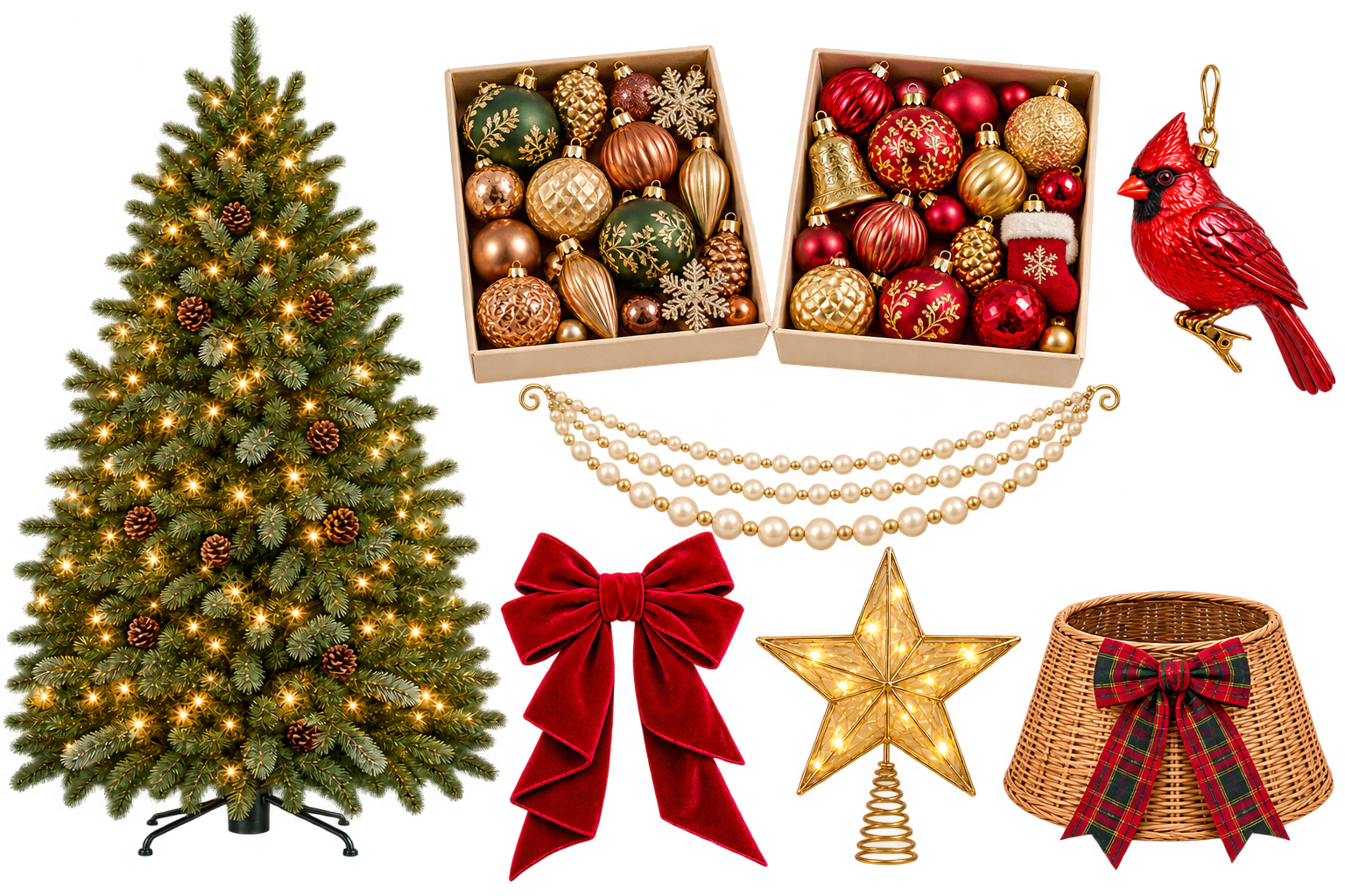 Heritage Christmas decorating inspiration with a warm-lit tree, red and gold ornaments, a red velvet bow, ivory bead garland, cardinal ornament, golden star and woven tree collar.