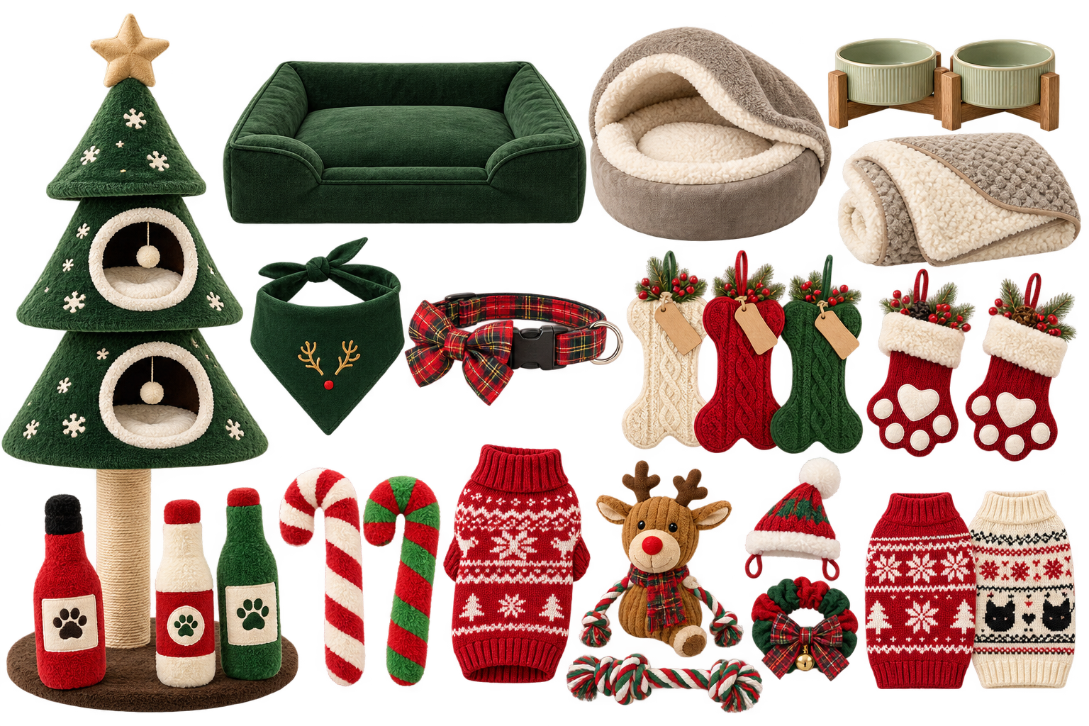 AI-generated traditional Christmas pet styling with a green dog bed, neutral cat bed, ceramic bowls, tartan collar, stockings, festive toys, sweaters, and a Christmas tree cat tower.