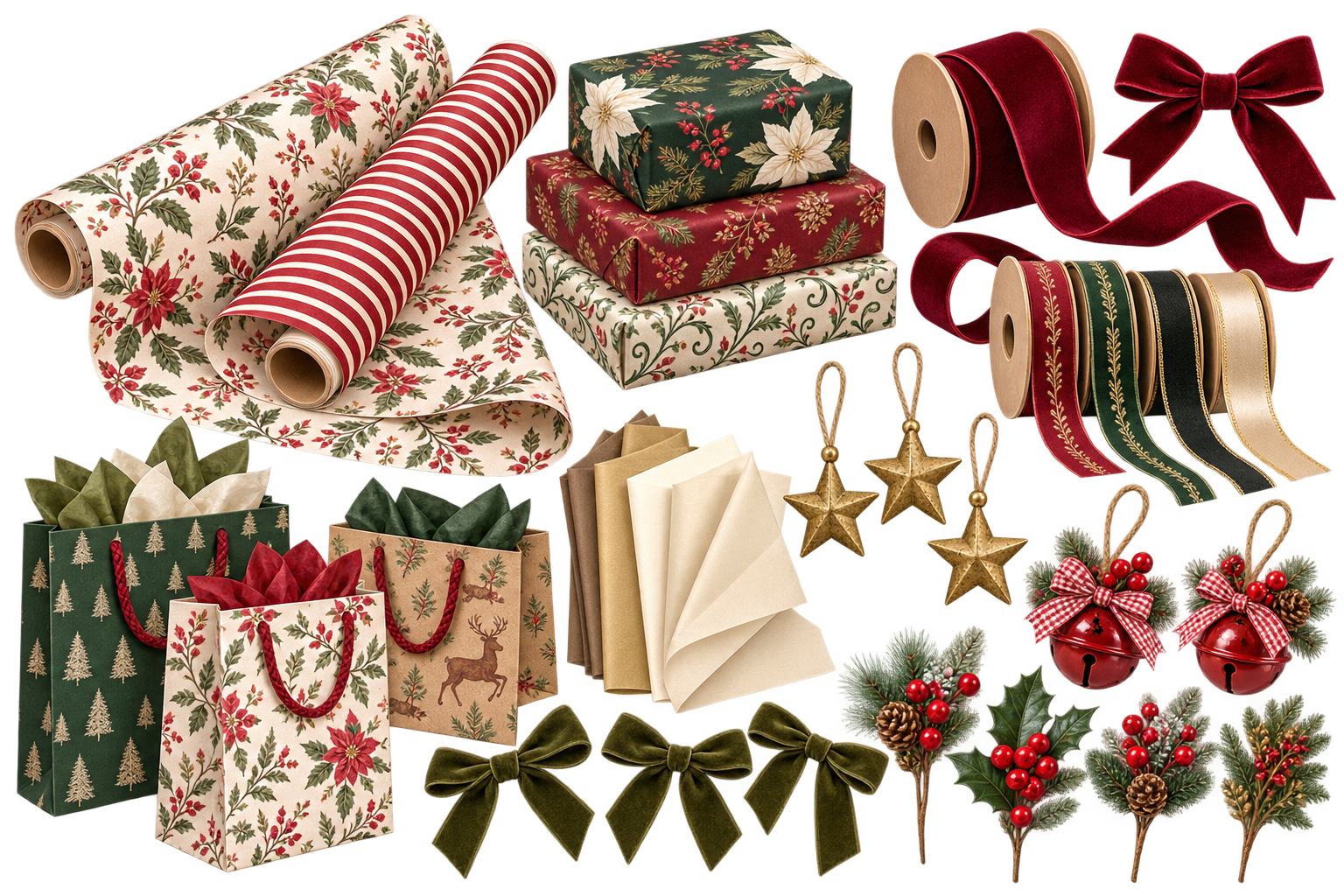 AI-generated Heritage Christmas gift wrapping with floral and striped paper, traditional gift bags, burgundy and olive velvet ribbons, gold stars, red bells, and evergreen sprigs.
