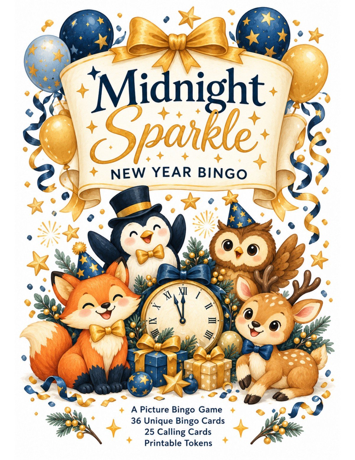 Midnight Sparkle New Year Bingo cover with a penguin, owl, fox and deer around a midnight clock, with navy and gold balloons and stars.