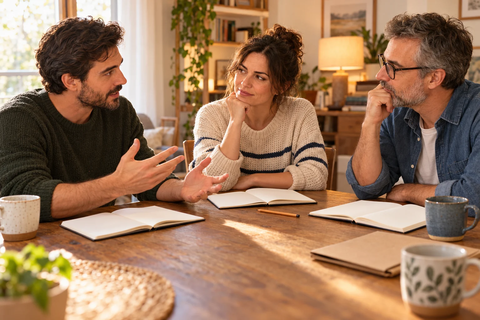 Three adults discussing an idea around a dining table with blank notebooks and pencils.