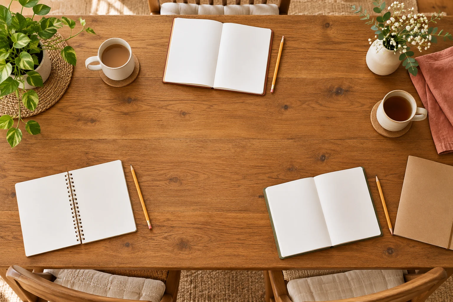 An overhead view of three blank notebooks, pencils, two mugs and a closed folder arranged around a clear wooden tabletop.