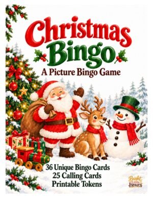 Christmas Bingo cover with Santa, a reindeer and a snowman, with 36 unique bingo cards, 25 calling cards and printable tokens.