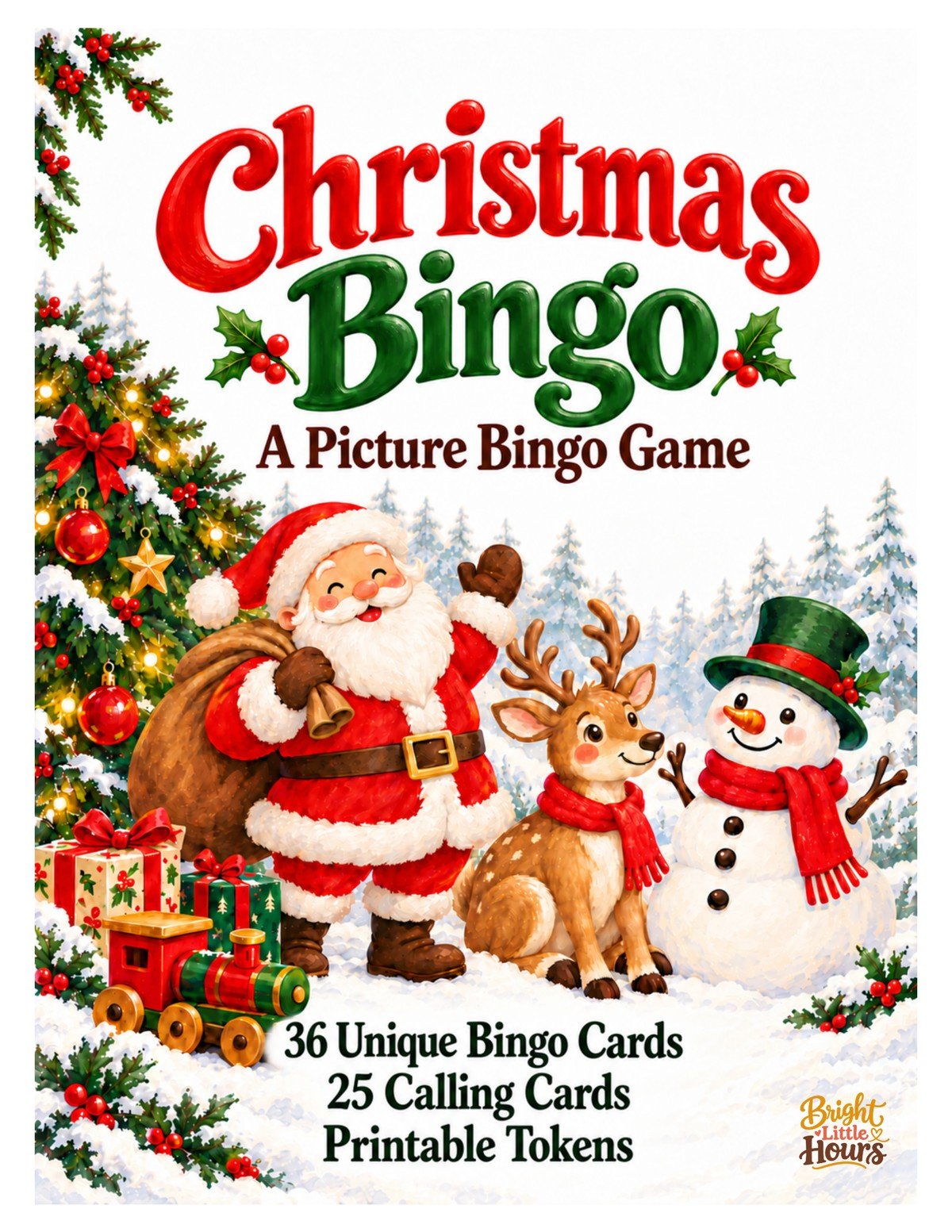 Christmas Bingo cover with Santa, a reindeer and a snowman, with 36 unique bingo cards, 25 calling cards and printable tokens.