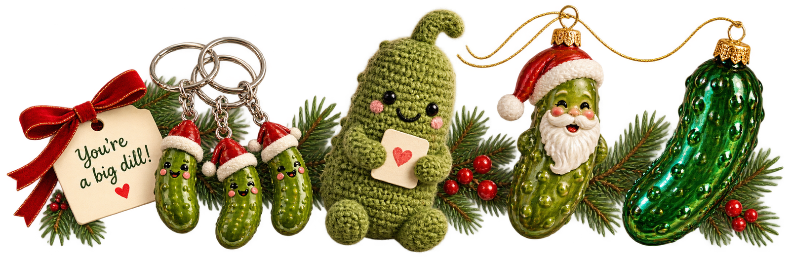 Christmas pickle inspiration with small keyrings, a crocheted pickle, a Santa pickle ornament, and a green glass ornament.