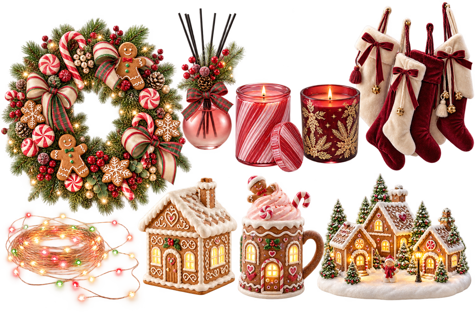 AI-generated playful Christmas styling with a candy wreath, pink reed diffuser, festive candles, velvet stockings, gingerbread decorations, a light-up village, and colorful fairy lights.