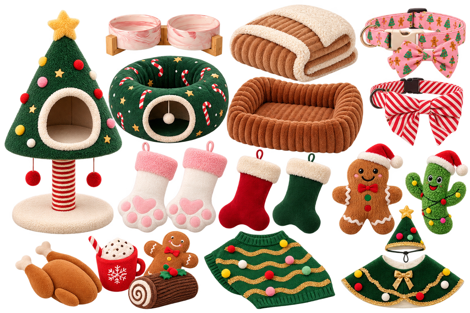 AI-generated playful Christmas pet styling with pink feeding bowls, a cinnamon bed, festive collars and stockings, gingerbread and cactus toys, a cat hideaway, and Christmas pet outfits.