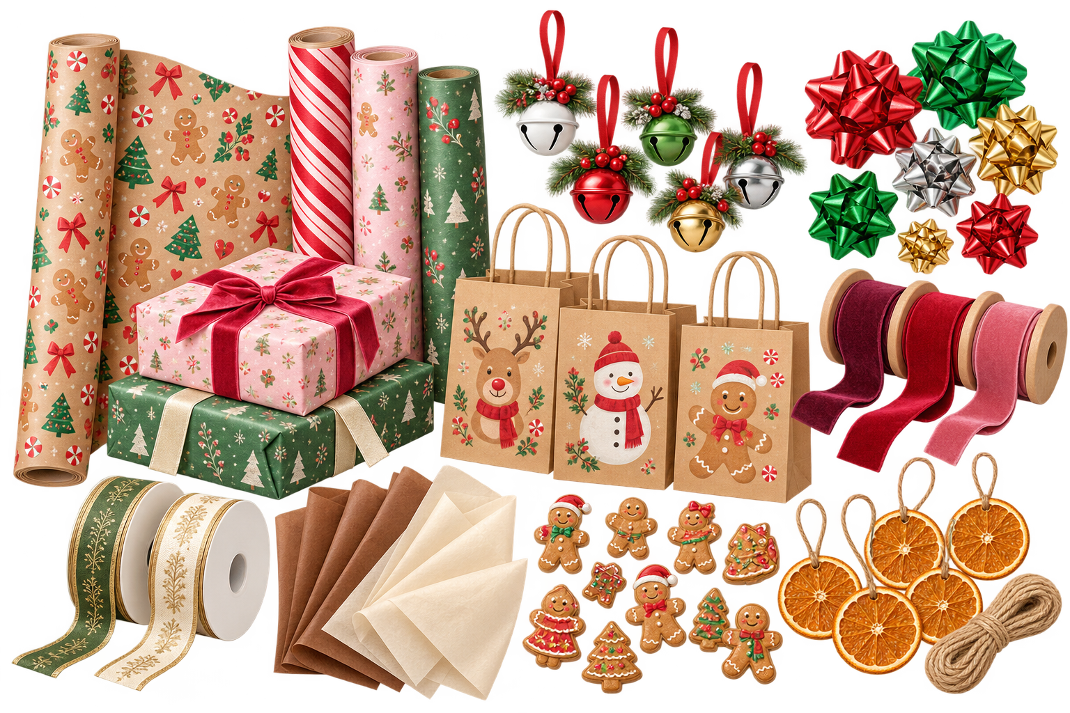 AI-generated playful Christmas gift wrapping with gingerbread paper, colorful gift bags, ribbons, jingle bells, bows, tissue paper, gingerbread embellishments, and dried orange slices.