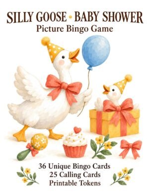 Silly Goose Baby Shower Bingo cover with two geese in yellow party hats, coral bows, a blue balloon and yellow flowers.