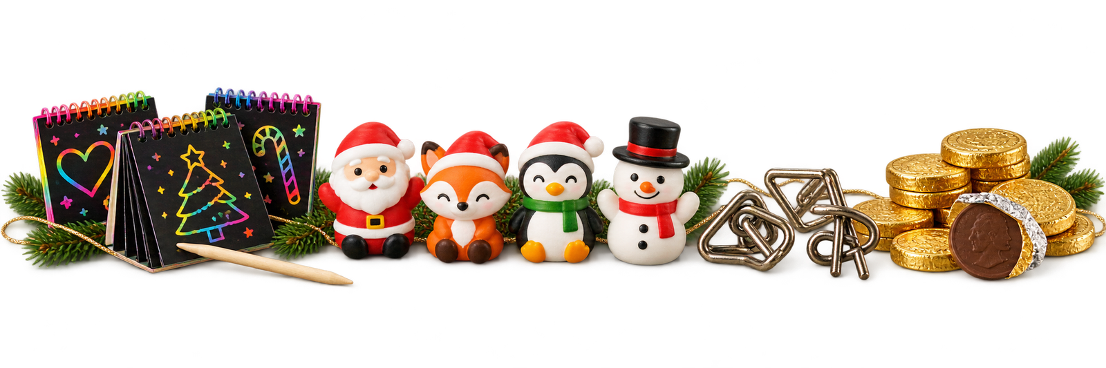 Stocking stuffer inspiration with rainbow scratch notebooks, Christmas squeeze toys, metal puzzles, and gold-foil chocolate coins.