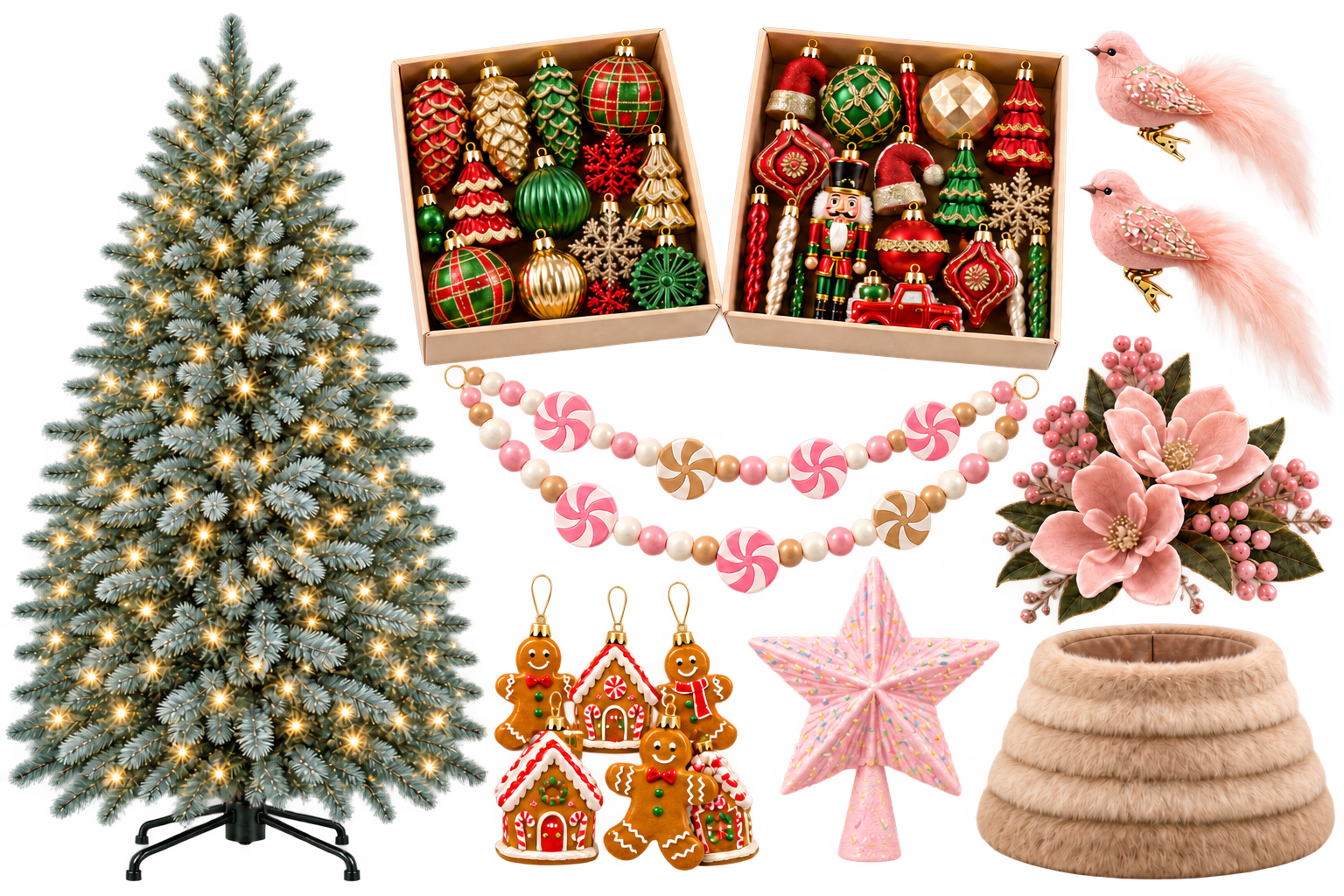 Sweet and playful Christmas decorating inspiration with a blue-green spruce, red and green ornaments, pink birds and flowers, candy bead garland, gingerbread ornaments, pink candy star and fluffy beige tree collar.