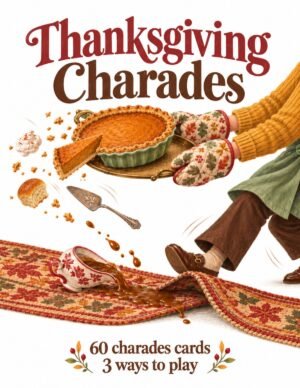 Thanksgiving Charades cover with a person carrying pumpkin pie, a spilled gravy boat and an autumn rug, with 60 charades cards and 3 ways to play.