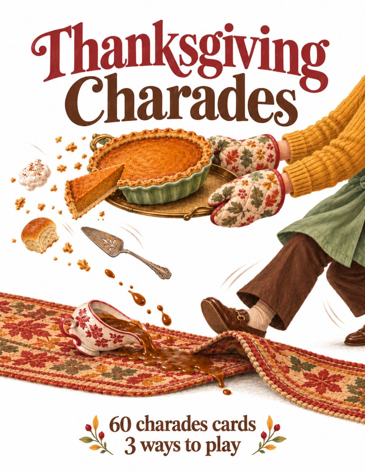 Thanksgiving Charades cover with a person carrying pumpkin pie, a spilled gravy boat and an autumn rug, with 60 charades cards and 3 ways to play.