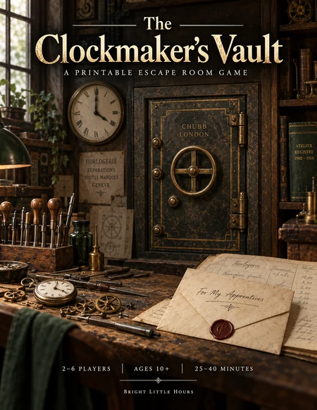 The Clockmaker’s Vault printable escape room game cover.
